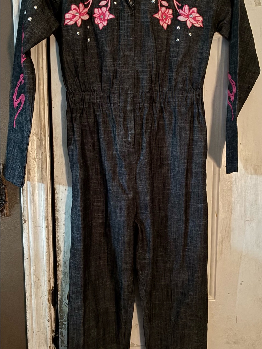 Disney Black Jumpsuit with Pink Floral Embroidery Mulan dragon girls size 9/10